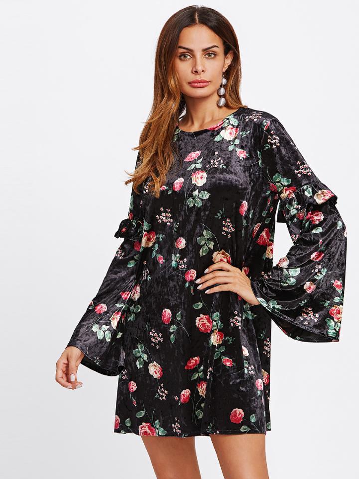 Shein Frilled Trumpet Sleeve Floral Velvet Dress