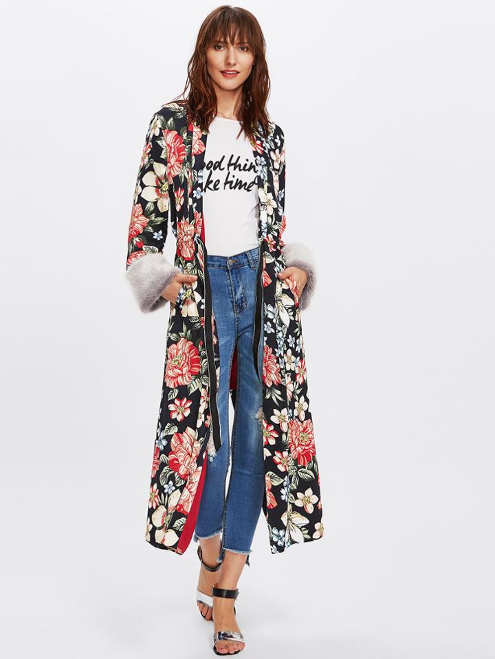 Shein Floral Print Tie Waist Faux Fur Cuff Coat