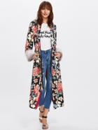 Shein Floral Print Tie Waist Faux Fur Cuff Coat