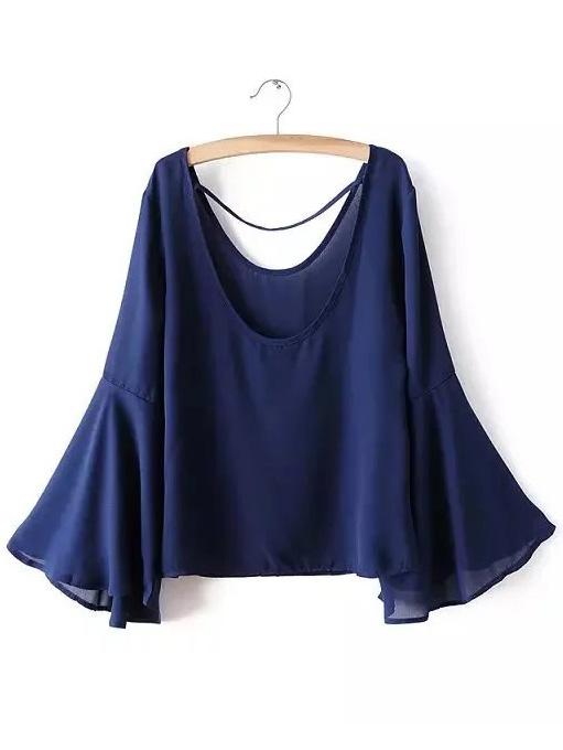 Shein Royal Blue Scoop Neck Bell Sleeve Blouse