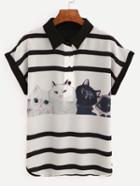 Shein Contrast Trim Cat Print Striped Chiffon Blouse