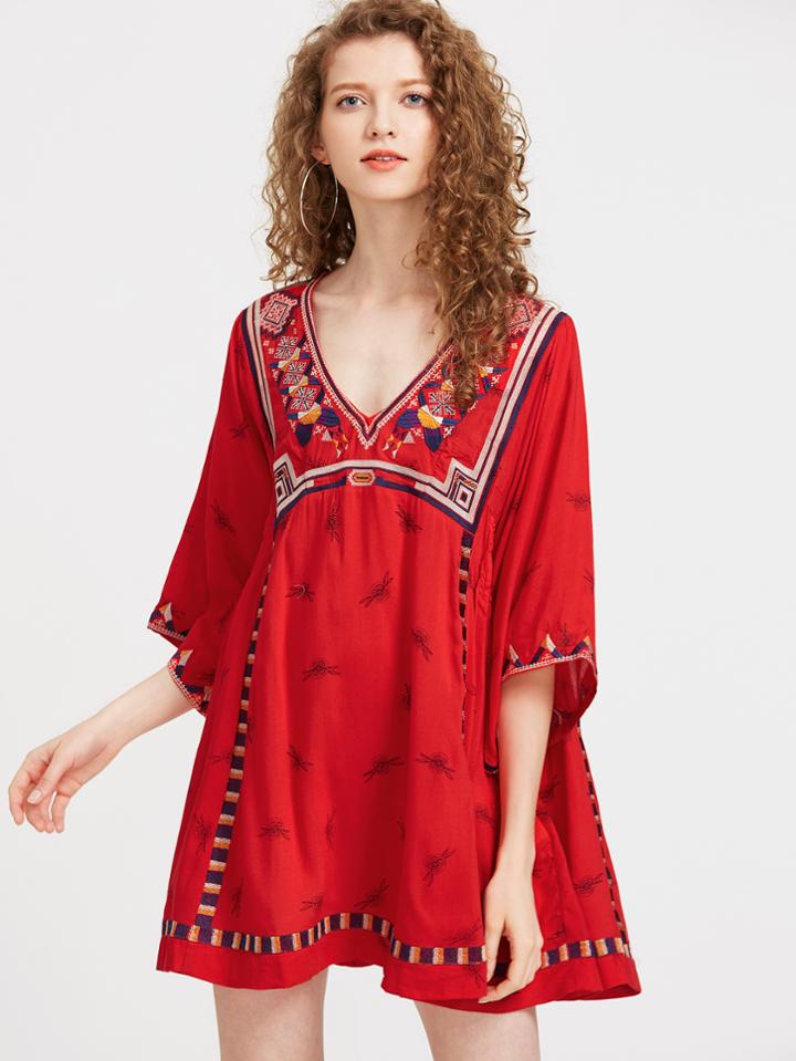Shein V-neckline 3/4 Length Sleeve Embroidery Rayon Dress
