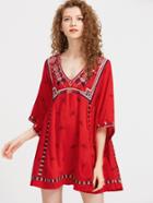 Shein V-neckline 3/4 Length Sleeve Embroidery Rayon Dress