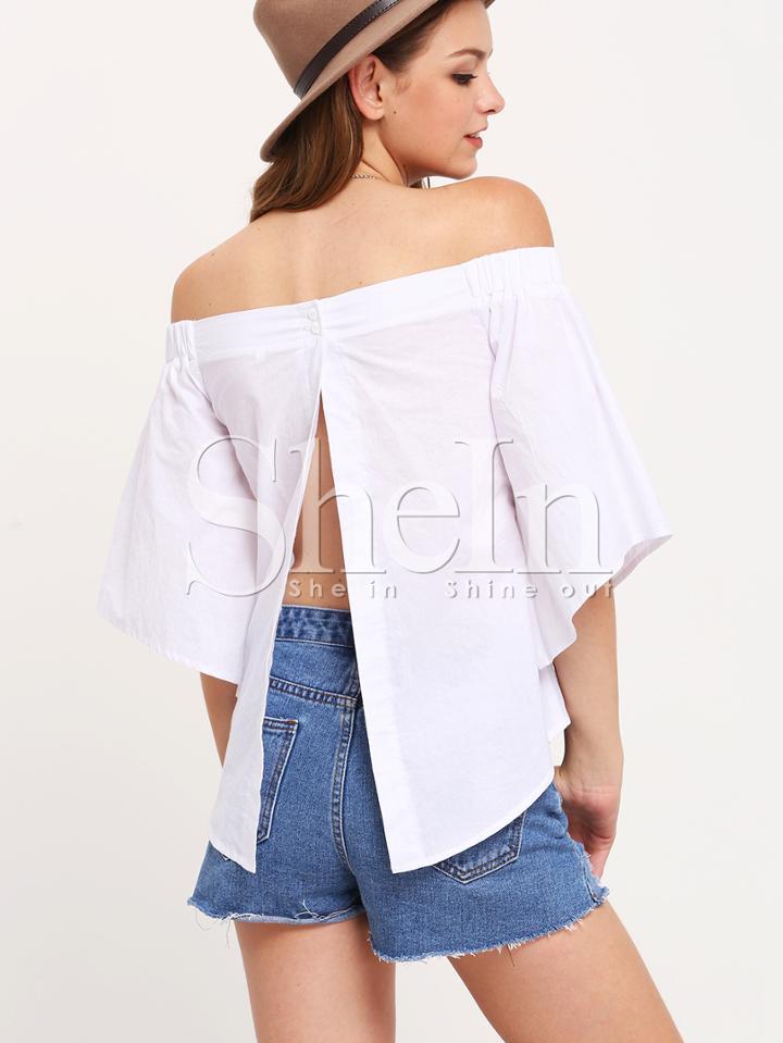 Shein White Off The Shoulder Split Back Blouse