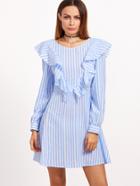 Shein Blue And White Striped Ruffle Trim A Line Dress