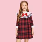 Shein Girls Bow Front Pleated Detail Plaid Dress
