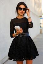 Shein Black Lbd Long Sleeve Embroidered Lace Flare Dress