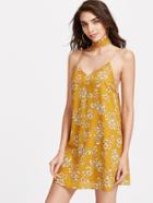 Shein Mustard Flower Print Textured Cami Dress With Neck Tie