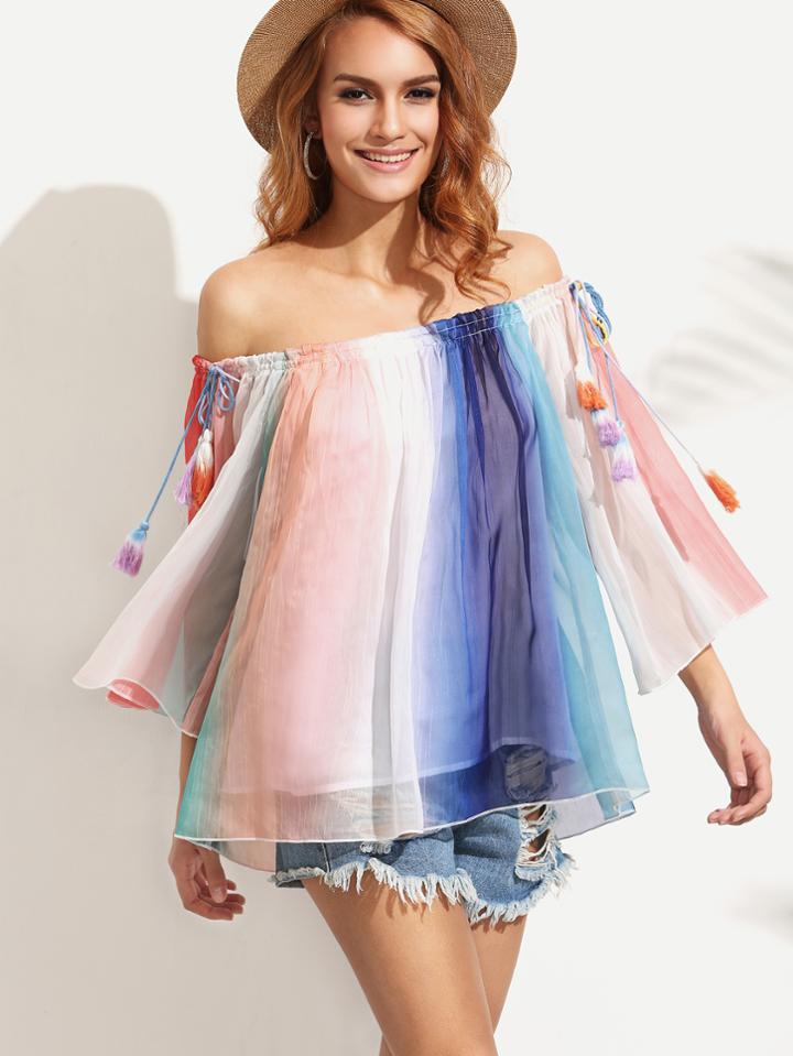 Shein Multicolor Tassel Tie Off The Shoulder Blouse
