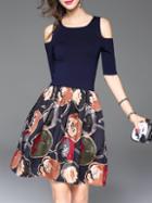 Shein Navy Open Shoulder Print Combo Dress