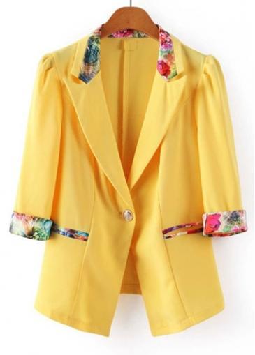 Rosewe Fine Quality Three Quarter Sleeve Turndown Collar Yellow Blazer