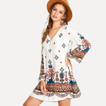 Shein Zip V-neckline Tribal Print Dress