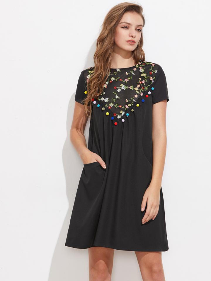 Shein Pom Pom Trim Embroidered Mesh Yoke Dress