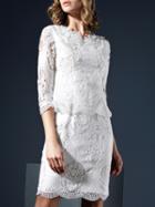 Shein White Round Neck Length Sleeve Crochet Dress
