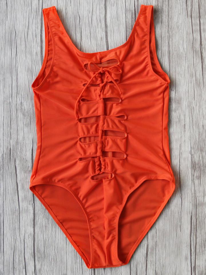 Shein Orange Mesh Design Lace Up One-piece Swimwear