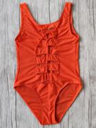 Shein Orange Mesh Design Lace Up One-piece Swimwear