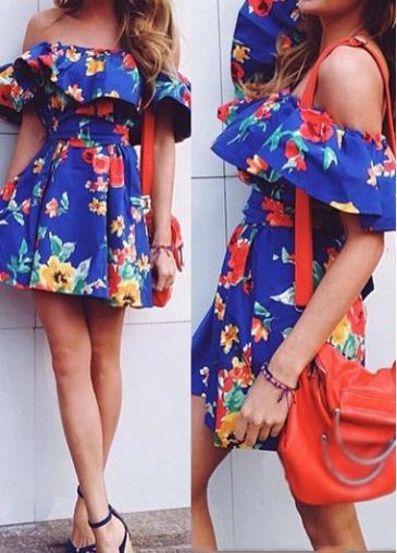 Rosewe Boat Neck Flower Print A Line Dress