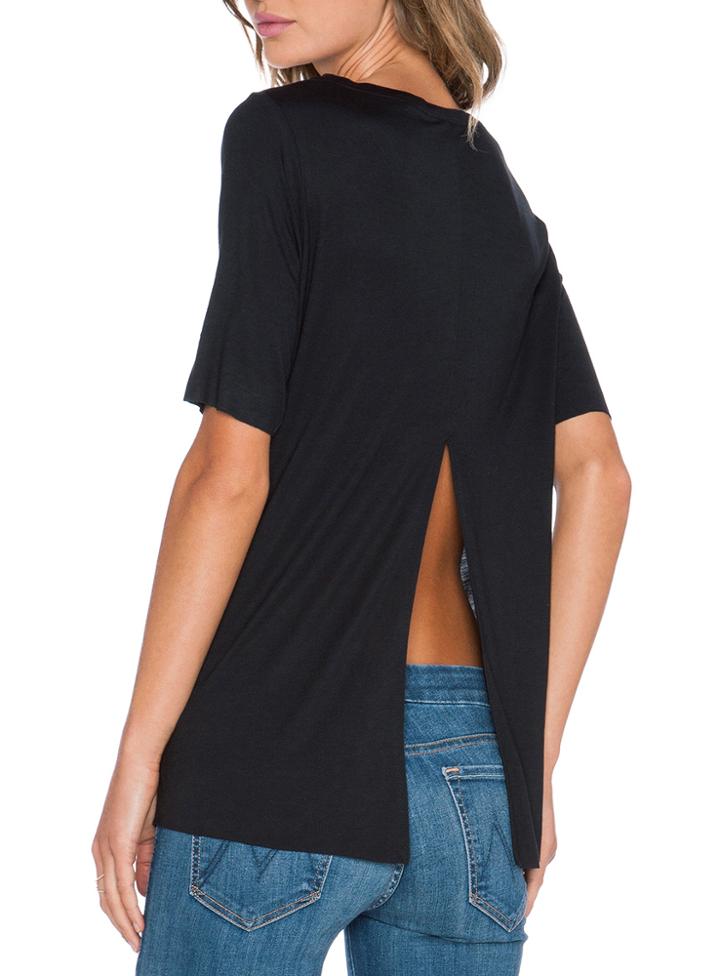 Shein Black Short Sleeve Split Back T-shirt
