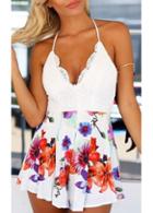 Rosewe Flower Printed V Neck Hollow Back Loose Romper
