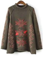 Shein Army Green Geometric Pattern Flange Loose Sweater