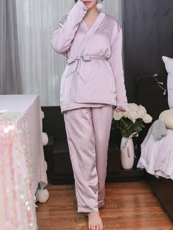 Shein Letter Embroidered Wrap Plush Top & Pants Pj Set