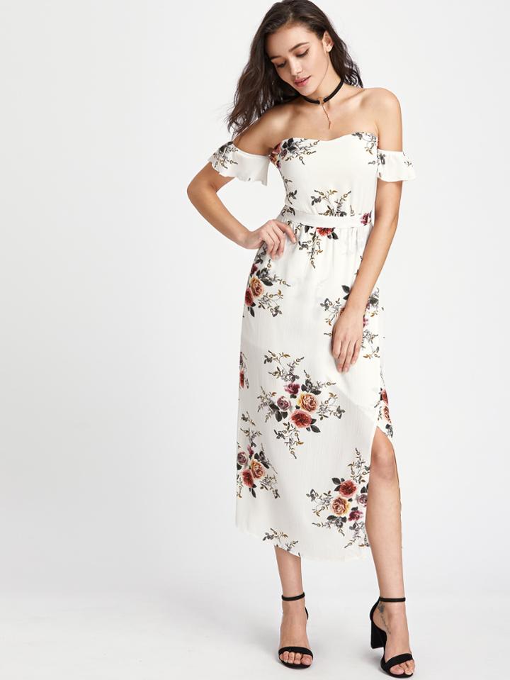 Shein Off-the-shoulder Floral Full Length Dress