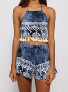 Shein Blue Halter Backless Tassel Top With Shorts Suits
