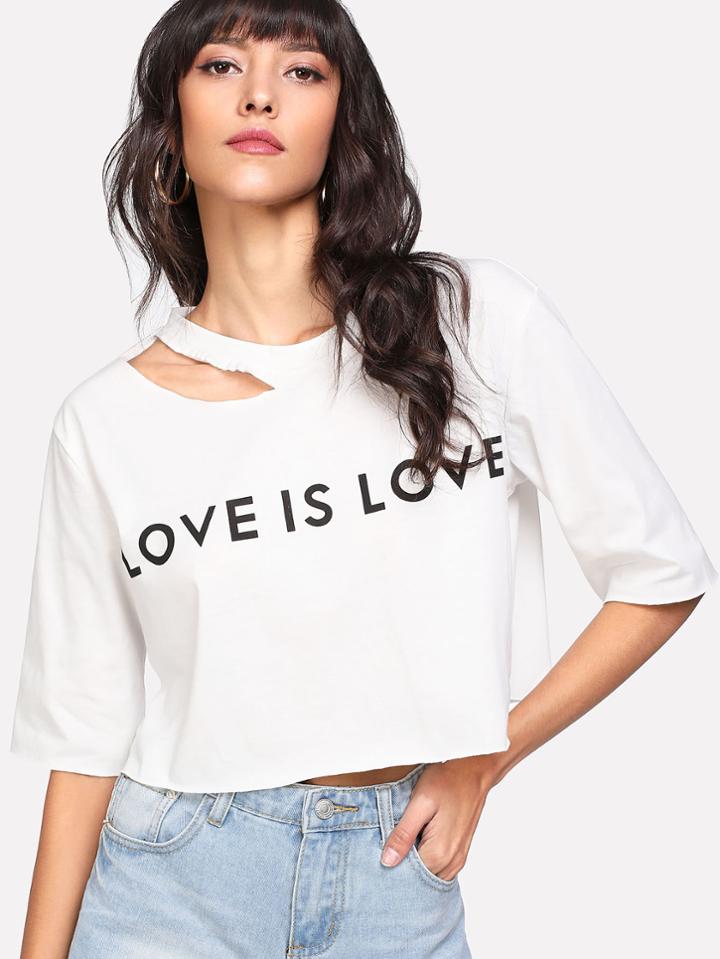 Shein Letter Print Asymmetric Cutout Neck T-shirt