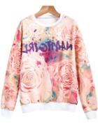 Shein Apricot Long Sleeve Floral Letters Print Sweatshirt