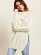 Shein Beige Lapel Zipper Split Side Long Sleeve Sweater