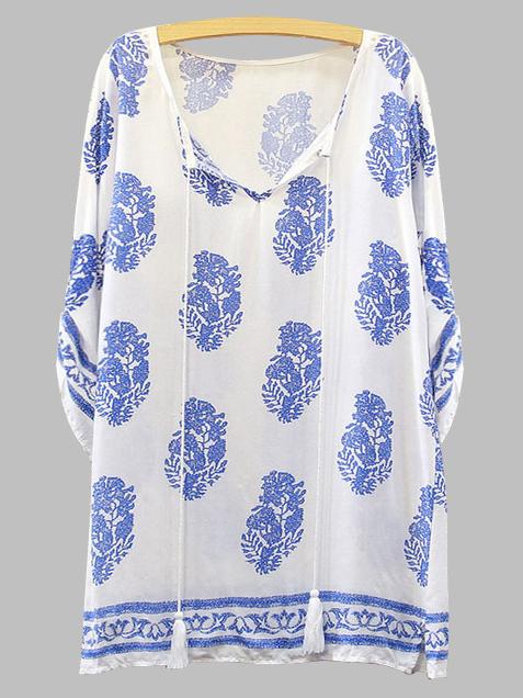 Shein Blue Tie Neck Tribal Print Tunic Dress