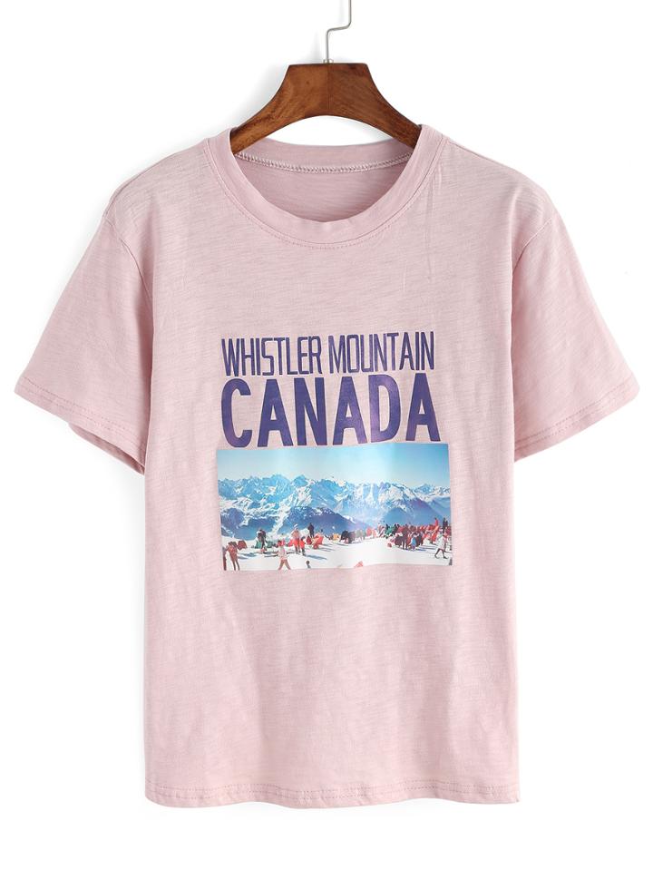 Shein Pink Crew Neck Snow Mountain Print T-shirt