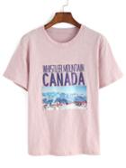 Shein Pink Crew Neck Snow Mountain Print T-shirt