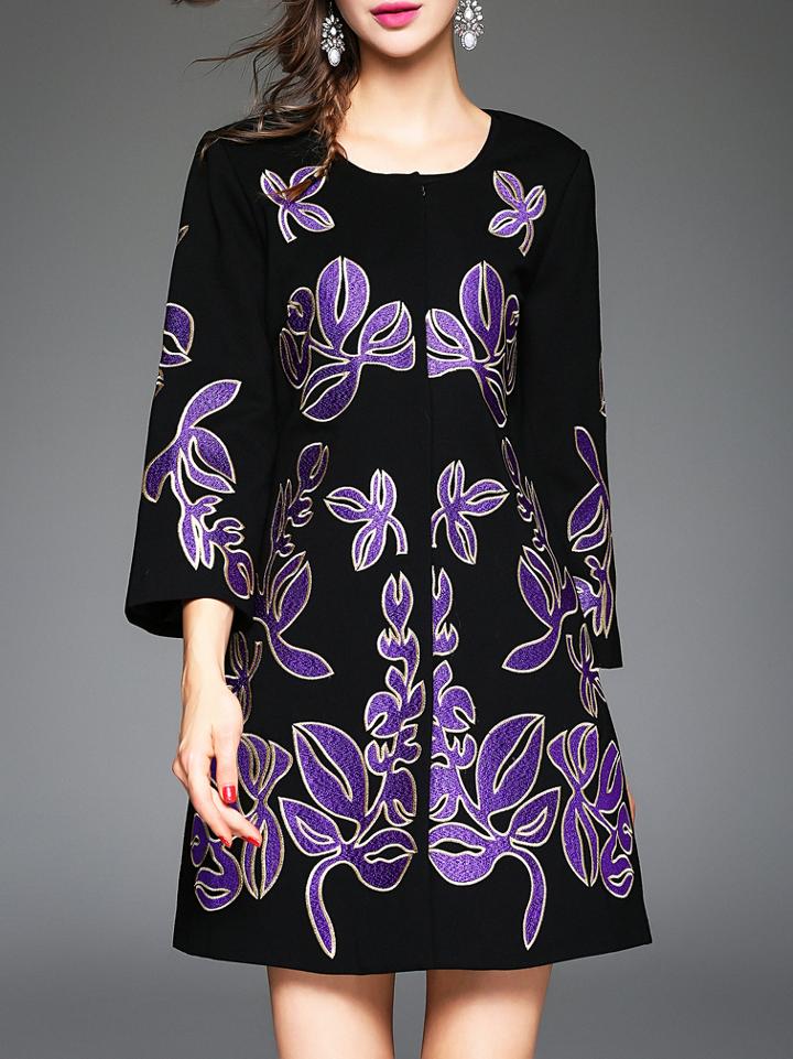 Shein Black Purple Crew Neck Flowers Embroidered Coat