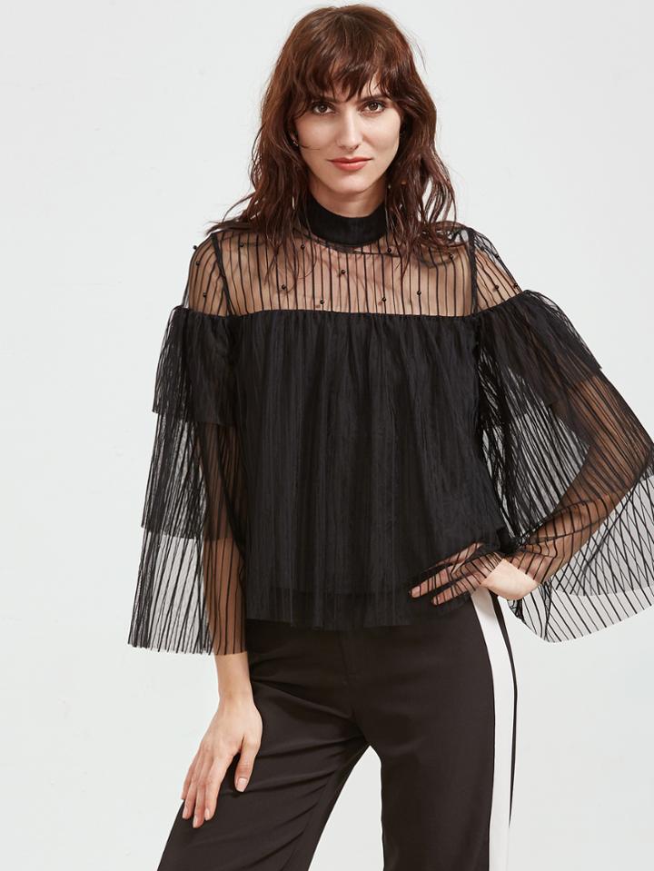 Shein Black Beaded Sheer Shoulder Layered Mesh Top