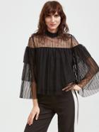 Shein Black Beaded Sheer Shoulder Layered Mesh Top