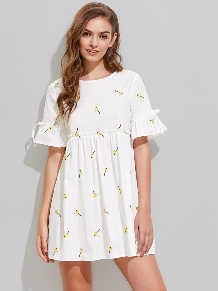 Shein Dandelion Embroidered Frilled Fluted Sleeve Babydoll Dress