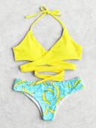 Shein Banana And Polka Dot Print Self Tie Bikini Set