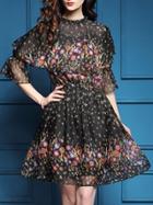 Shein Black Bell Sleeve Floral A-line Dress
