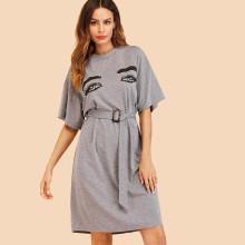 Shein Eyes Print Belted Dress