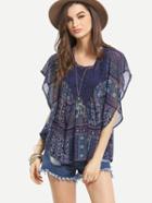 Shein Lace Insert Tribal Print Poncho Blouse - Navy