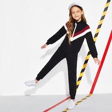 Shein Girls Zip Half Placket Chevron Sweatshirt & Pants Set