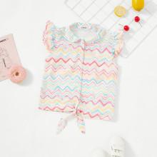 Shein Girls Ruffle Embellished Knotted Chevron Shirt