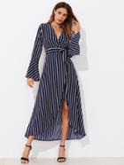 Shein Fluted Sleeve Striped Surplice Tulip Hem Belt Dress