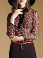 Shein Pink Bowknot Neck Floral Blouse
