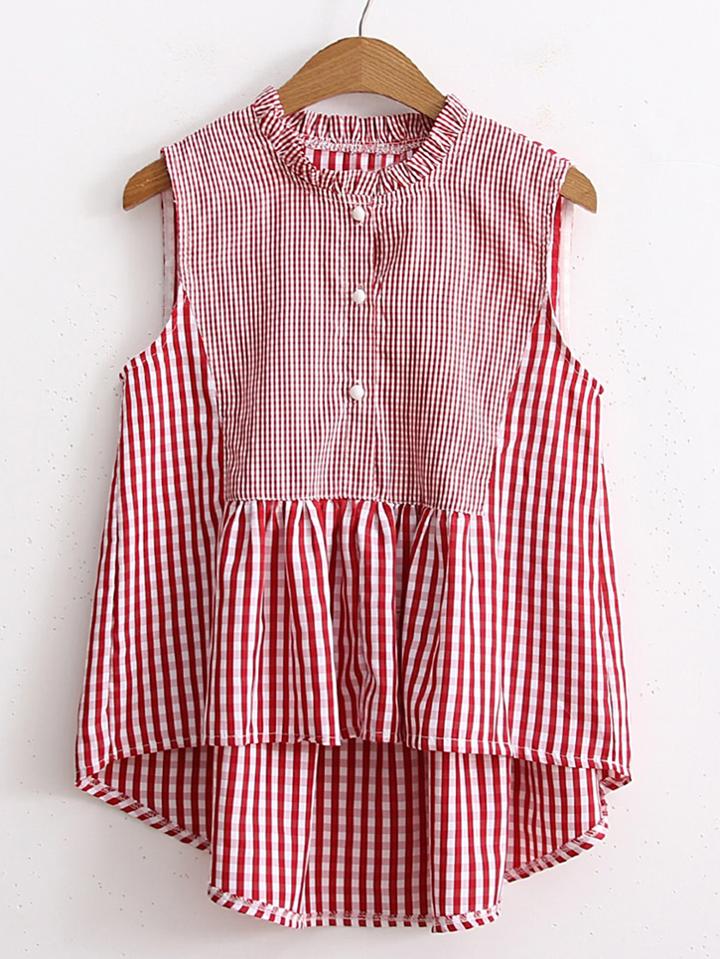 Shein Frilled Collar Mixed Checkered Dip Hem Blouse