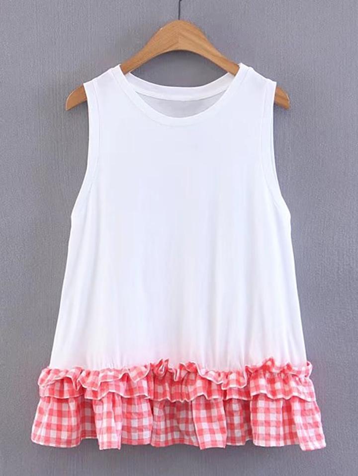 Shein Contrast Plaid Hem Frill Trim Tank Top