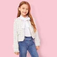 Shein Girls Raw Hem Frill Hem Grid Jacket