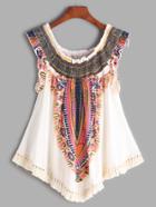 Shein Beige Printed Boat Neck Fringe Hem Shirred Top