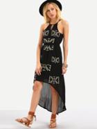 Shein Keyhole Halter Neck High-low Embroidered Dress - Black